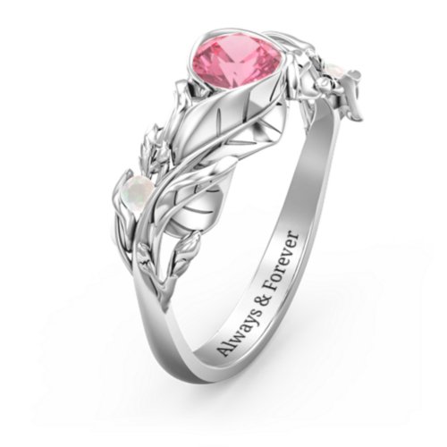 Solitaire Leaf Ring with Accent Stones – Sterling Silver with Pink Tourmaline and Opal