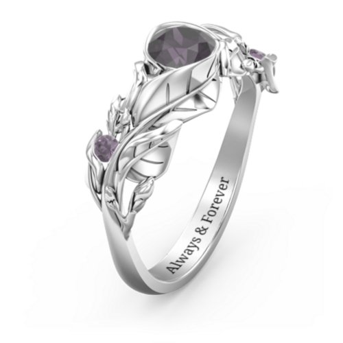 Solitaire Leaf Ring with Accent Stones – Sterling Silver with Alexandrite