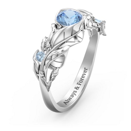 Solitaire Leaf Ring with Accent Stones – Sterling Silver with Blue Topaz