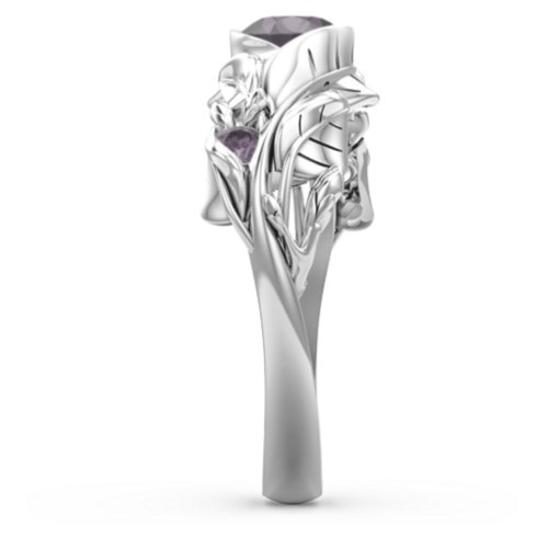 Solitaire Leaf Ring with Accent Stones – Sterling Silver with Alexandrite