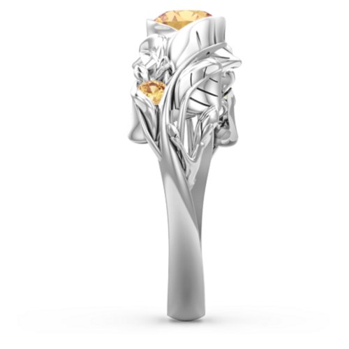 Solitaire Leaf Ring with Accent Stones – Sterling Silver with Citrine