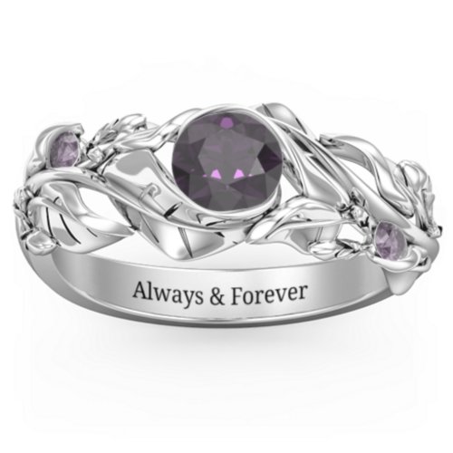 Solitaire Leaf Ring with Accent Stones – Sterling Silver with Alexandrite