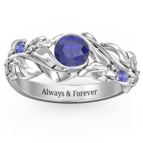 Solitaire Leaf Ring with Accent Stones – Sterling Silver with Blue Sapphire