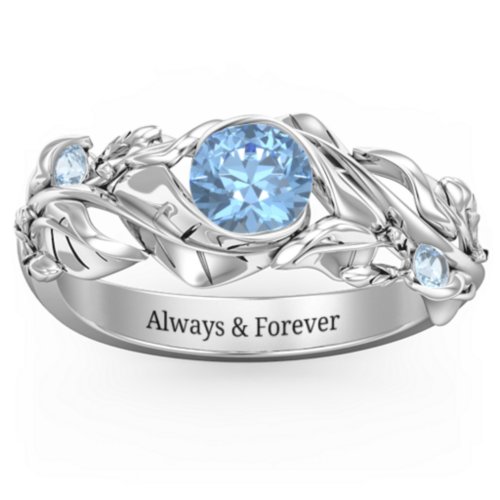 Solitaire Leaf Ring with Accent Stones – Sterling Silver with Blue Topaz