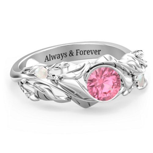 Solitaire Leaf Ring with Accent Stones – Sterling Silver with Pink Tourmaline and Opal