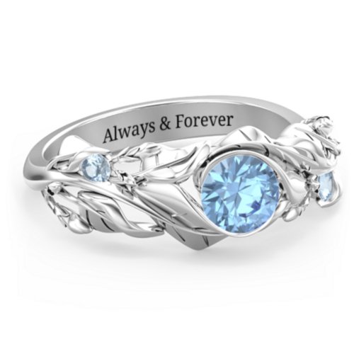 Solitaire Leaf Ring with Accent Stones – Sterling Silver with Blue Topaz