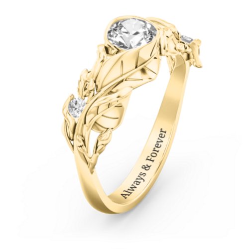 Solitaire Leaf Ring with Accent Stones – 10K Yellow Gold with Diamond and Cubic Zirconia