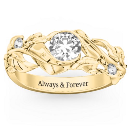 Solitaire Leaf Ring with Accent Stones – 10K Yellow Gold with Diamond and Cubic Zirconia