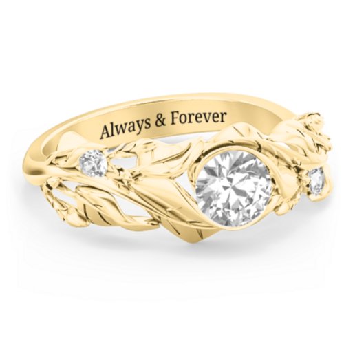 Solitaire Leaf Ring with Accent Stones – 10K Yellow Gold with Diamond and Cubic Zirconia