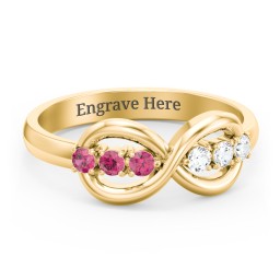 Engravable Infinity Ring with Birthstones in 14K Solid Yellow Gold with Ruby and Cubic Zirconia