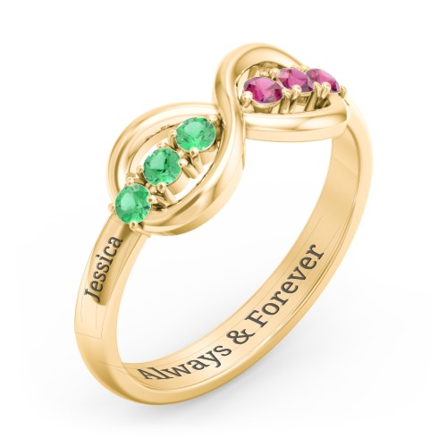 Engravable Infinity Ring with Birthstones – 10K Yellow Gold with Emerald and Ruby