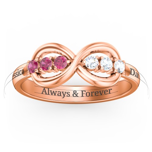 Engravable Infinity Ring with Birthstones – 10K Rose Gold with Ruby and Cubic Zirconia