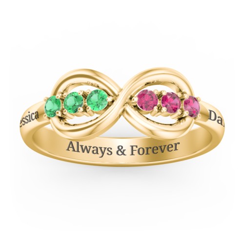 Engravable Infinity Ring with Birthstones – 10K Yellow Gold with Emerald and Ruby
