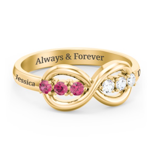 Engravable Infinity Ring with Birthstones – 10K Yellow Gold with Ruby and Cubic Zirconia
