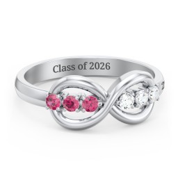 Engravable Infinity Ring with Birthstones in 925 Sterling Silver with Ruby and Cubic Zirconia