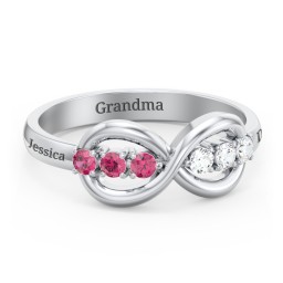 Engravable Infinity Ring with Birthstones in 925 Sterling Silver with Ruby and Cubic Zirconia