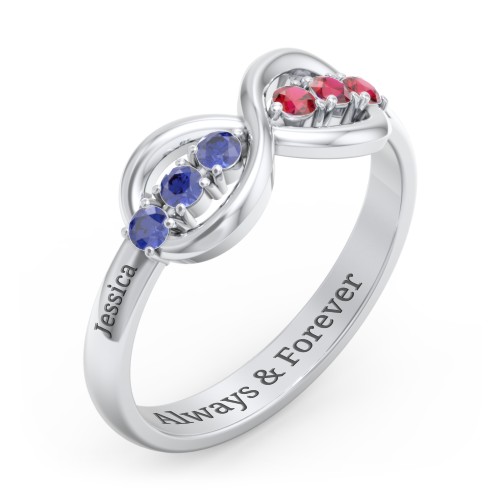 Engravable Infinity Ring with Birthstones – Sterling Silver with Blue Sapphire and Garnet