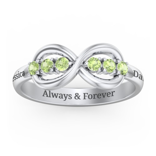 Engravable Infinity Ring with Birthstones – Sterling Silver with Peridot