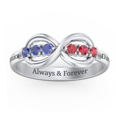 Engravable Infinity Ring with Birthstones – Sterling Silver with Blue Sapphire and Garnet