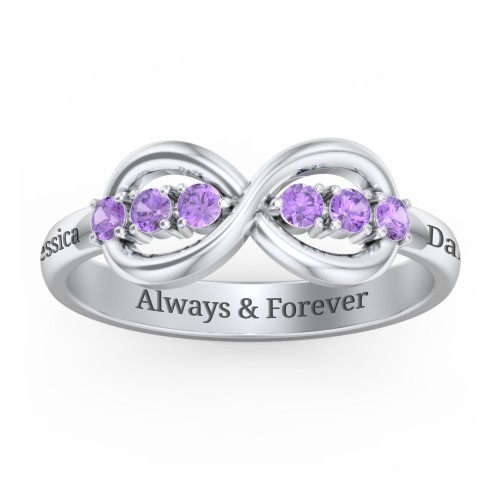 Engravable Infinity Ring with Birthstones – Sterling Silver with Amethyst