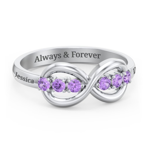 Engravable Infinity Ring with Birthstones – Sterling Silver with Amethyst