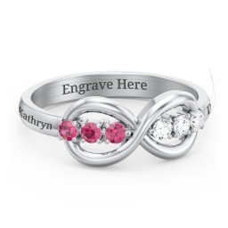 Engravable Infinity Ring with Birthstones in 10K Solid White Gold with Ruby and Cubic Zirconia