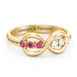 Engravable Infinity Ring with Birthstones in 10K Solid Yellow Gold with Ruby and Cubic Zirconia