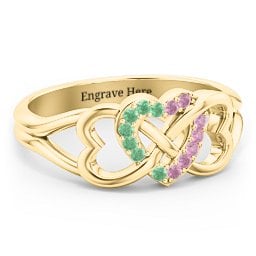 Triple Heart Infinity Ring in 10K Solid Yellow Gold with Green Premium Zirconia and Red Premium Zirconia