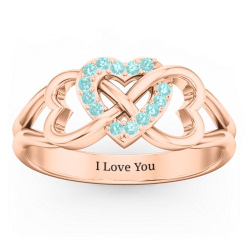 Triple Heart Infinity Ring – 10K Rose Gold with Mint Premium Zirconia