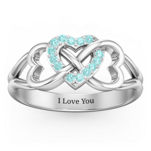 Triple Heart Infinity Ring – Sterling Silver with Mint Premium Zirconia