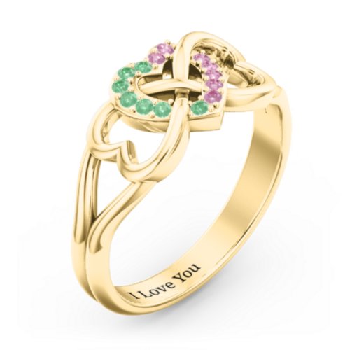 Triple Heart Infinity Ring – 10K Yellow Gold with Green Premium Zirconia and Red Premium Zirconia
