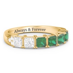 Classic 2-7 Princess Cut Ring with Accents in 10K Solid Yellow Gold with Diamond and Emerald