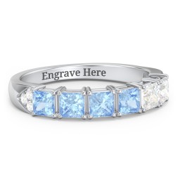 Classic 2-7 Princess Cut Ring with Accents in 925 Sterling Silver with Blue Topaz and Cubic Zirconia