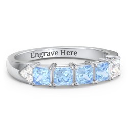 Classic 2-7 Princess Cut Ring with Accents in 925 Sterling Silver with Blue Topaz and Diamond