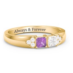 Classic 2-7 Princess Cut Ring with Accents in 10K Solid Yellow Gold with Amethyst and Cubic Zirconia
