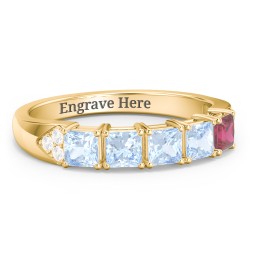 Classic 2-7 Princess Cut Ring with Accents in 10K Solid Yellow Gold with Aquamarine, Ruby, and Cubic Zirconia