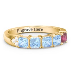 Classic 2-7 Princess Cut Ring with Accents in 10K Solid Yellow Gold with Blue Topaz, Ruby, and Cubic Zirconia