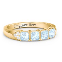 Classic 2-7 Princess Cut Ring with Accents in 10K Solid Yellow Gold with Aquamarine
