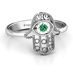 Protection Hamsa Ring in 925 Sterling Silver with Emerald