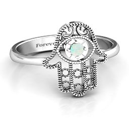 Protection Hamsa Ring in 925 Sterling Silver with Opal