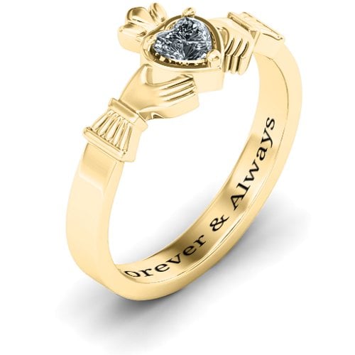 Heart Stone Claddagh Ring – 18K Gold Plated Silver with Cubic Zirconia