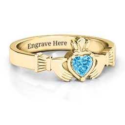 Heart Stone Claddagh Ring in 18K Gold Plated Silver with Blue Topaz
