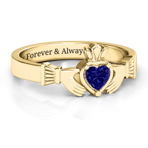 Heart Stone Claddagh Ring – 18K Gold Plated Silver with Blue Sapphire