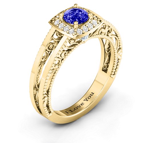 Intricate Love Ring – 10K Yellow Gold with Blue Sapphire, Cubic Zirconia, and White Premium Zirconia