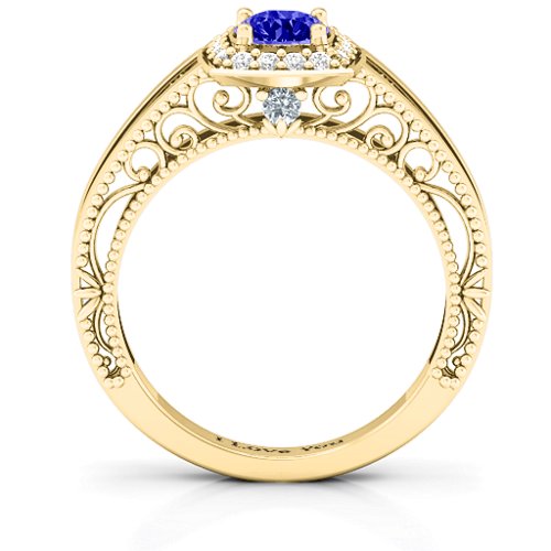 Intricate Love Ring – 10K Yellow Gold with Blue Sapphire, Cubic Zirconia, and White Premium Zirconia