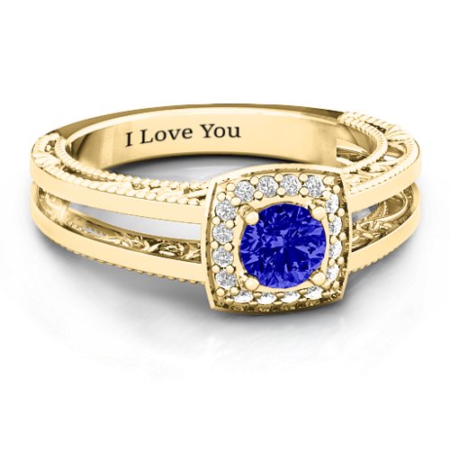 Intricate Love Ring – 10K Yellow Gold with Blue Sapphire, Cubic Zirconia, and White Premium Zirconia
