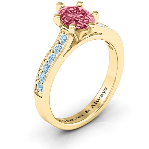 Shining in Love Ring – 10K Yellow Gold with Red Premium Zirconia and Aquamarine