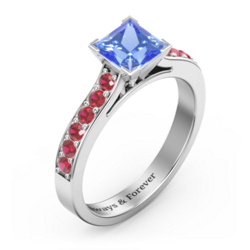 Janelle Princess Cut Ring – Sterling Silver with Fancy Blue Premium Zirconia and Garnet