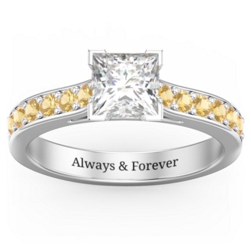 Janelle Princess Cut Ring – Sterling Silver with White Premium Zirconia and Citrine