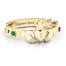 Infinity Claddagh With Side Stones Ring in 10K Solid Yellow Gold with Emerald and Ruby